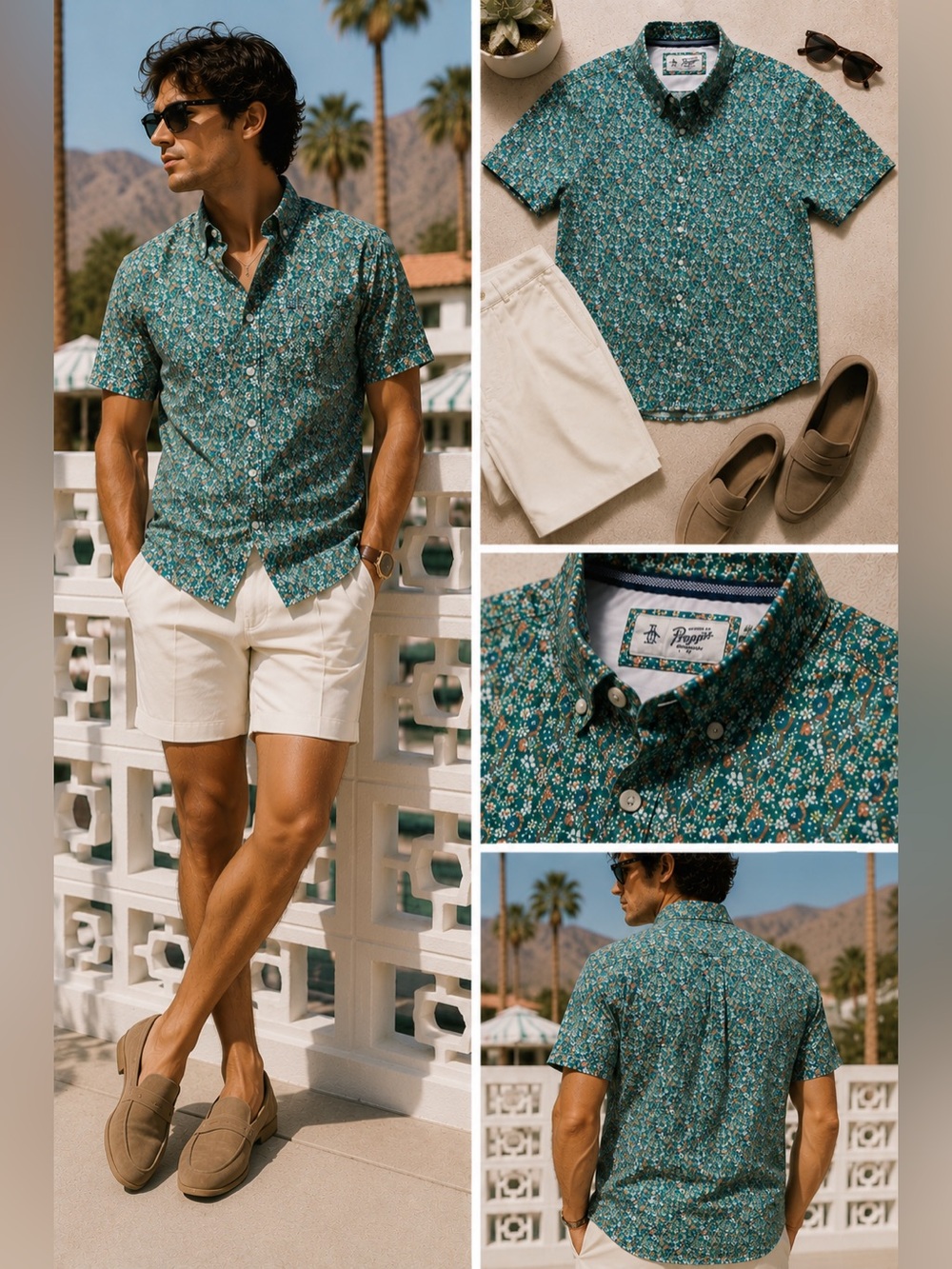 Original Penguin Men’s Large Green Floral Button Up Shirt Resort Summer Camp